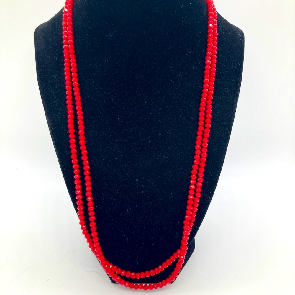 Long Red Faceted Bead Necklace